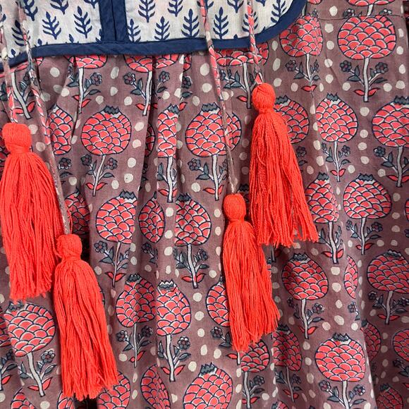J. Crew SZ Blockprint Tunic Boho Tassel Top Cotton Peasant Blouse Size Small - Picture 4 of 8